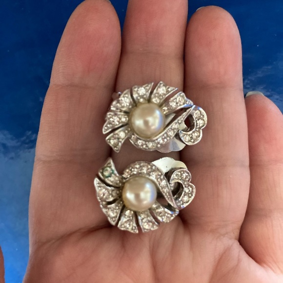 Avon Jewelry - Vintage Avon Earrings Rhinestones and Faux Pearl, Clip On, Silver Tone